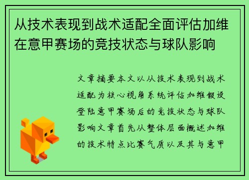 从技术表现到战术适配全面评估加维在意甲赛场的竞技状态与球队影响