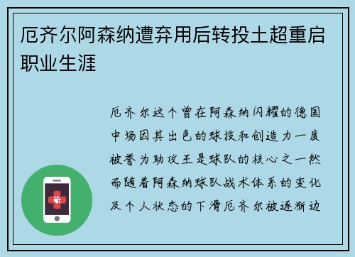 厄齐尔阿森纳遭弃用后转投土超重启职业生涯