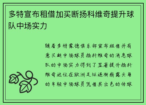 多特宣布租借加买断扬科维奇提升球队中场实力